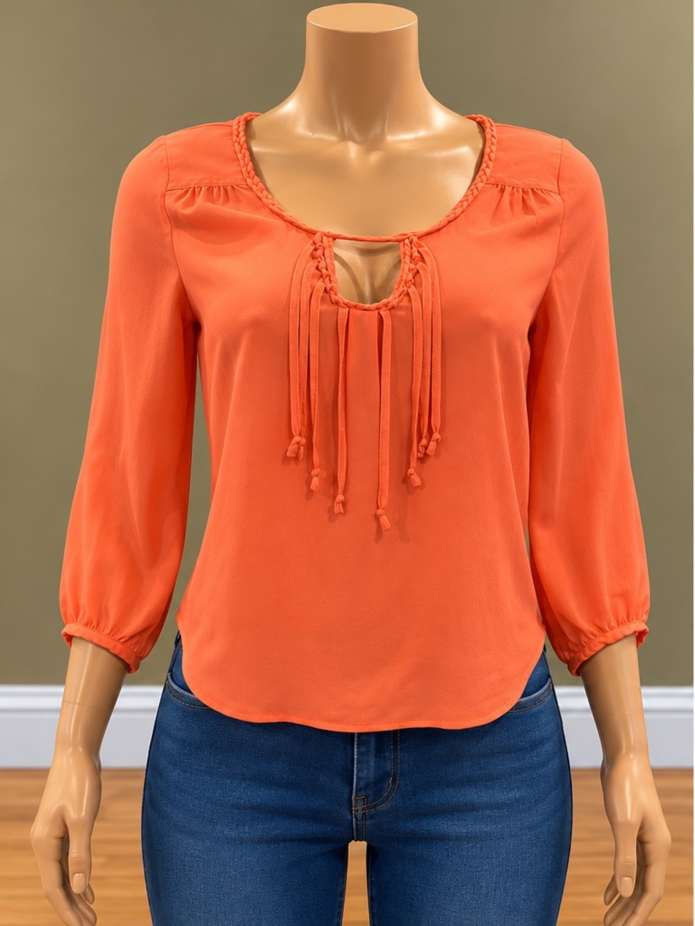 American Eagle Coral Braided Keyhole Tie Peasant Blouse 3/4 Sleeve 2010s